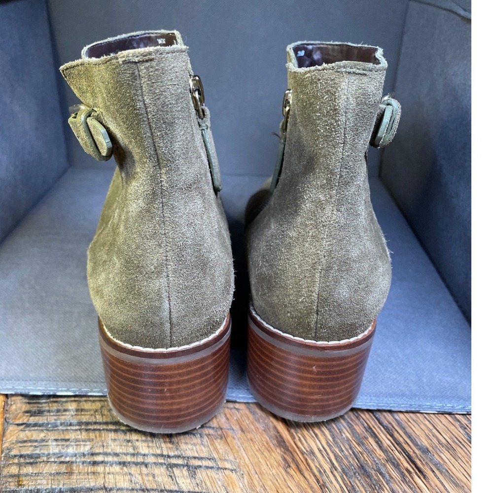 Cole Haan Taupe Suede Ankle Boots Block Heel Side Zip Buckle Bootie Olive Sz 7.5 - Picture 3 of 6